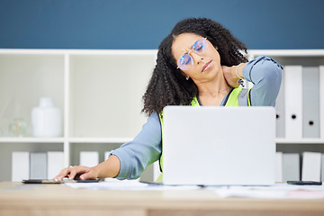 Image showing Woman architect, laptop and neck pain in stress, burnout or overworked at the office. African American female employee suffering from neck ache, inflammation or spasm working on computer at workplace