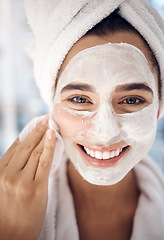 Image showing Face mask, skin care and woman in portrait or mirror for wellness, beauty and cosmetics cleaning product with smile. Facial wash, bathroom and young model with mask dermatology treatment at her home