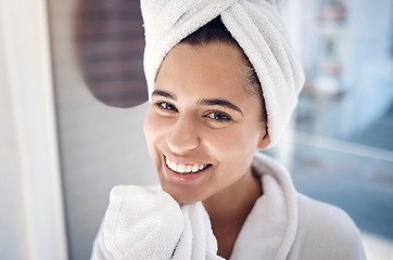 Image showing Woman, spa and portrait smile for hygiene, wash or beauty skincare or cosmetic bathroom treatment. Happy female face smiling with teeth in happiness or satisfaction for facial care or luxury cleanse