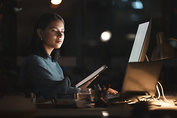 Image showing Computer tech, night and woman with tablet working on database programming code, ai development design or software coding. Ui screen, programmer or developer review cyber security of company big data