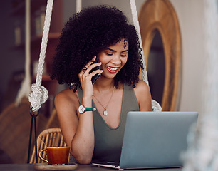 Image showing Black woman, phone call and laptop, internet cafe and remote work, planning and blogging as freelancer entrepreneur. Happy young female talking on smartphone, working on computer and in coffee shop