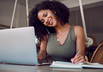 Image showing Black woman, phone call and laptop with smile for communication, networking or multitasking at home. African American female event planner smiling and writing in notebook for scheduling appointments