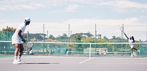 Image showing Fitness, tennis and people on tennis court, athlete playing game with focus and sport workout outdoor. Sports match, young man, woman and cardio while training and exercise together with teamwork