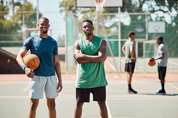 Image showing Sports, friends and portrait on basketball court for workout, fitness and athlete training. Basketball player, wellness and happy black people together on outdoor sport court for exercise.