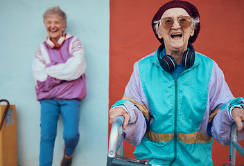 Image showing Hipster, senior women and friends smile, retro look and headphones for casual day, happy and trendy. Portrait, elderly females and mature ladies with cool edgy look, hip hop and funky retro outfits.