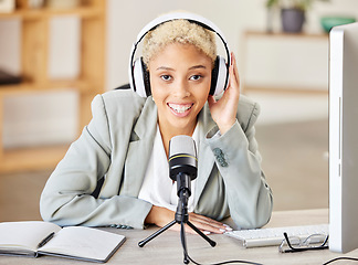 Image showing Business woman, portrait smile and podcast with headphones and microphone for recording in the studio. Happy female smiling ready for audio streaming, record or live radio broadcast at the office
