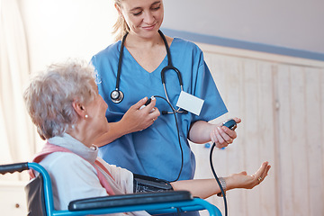 Image showing Senior woman, happy doctor or blood pressure for healthcare, medical wellness or wheel chair check in hospital. Smile, medicine or nurse caregiver in nursing home to trust, disability help or support