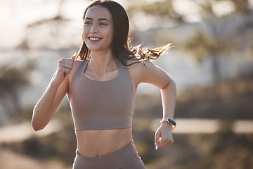 Image showing Fitness, motivation or woman running on road or street training, exercise or wellness workout on mountain or nature. Health, sports or happy runner girl with smile for marathon, race or sport event