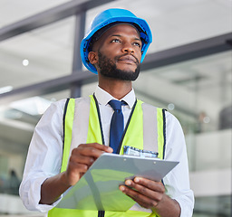 Image showing Engineering, architecture and worker thinking with a checklist for infrastructure inspection or maintenance. Safety, construction and black man working on a office building project with clipboard