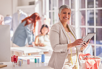 Image showing Portrait of designer, fashion and senior woman with tablet for a digital collaboration, creative dress and a material design. Tailor business leadership, fabric seamstress and clothing manufacturing