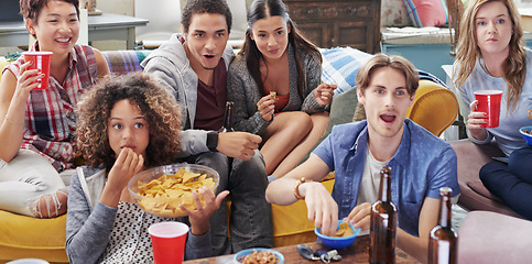 Image showing Drinks, food and group of friends watching tv in home, having fun and bonding together. Relax, chips and happy people enjoy beer on sofa while streaming video or comedy movie on television in house.