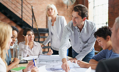 Image showing Engineering, architecture and team working with blueprint for industrial project in office. Meeting, teamwork and group of industry workers planning construction sketch in collaboration in workplace.