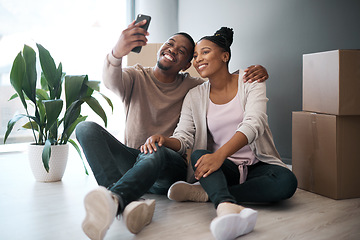 Image showing Black couple, phone and smile for selfie, moving in or real estate, property or new home together. Happy African American man and woman smiling in happiness or satisfaction for photo and buying house