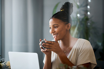 Image showing Coffee, laptop and black women relax in a living room, drinking coffee and watching internet show. Tea, online show tv show and black woman enjoy day off, weekend and streaming entertainment mockup