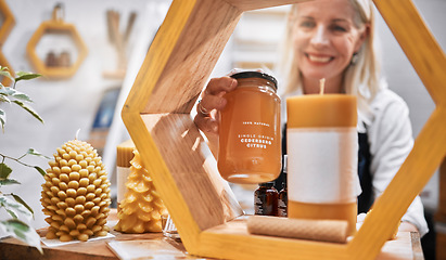 Image showing Mature woman, honey shop and shelf order in organic bees product sales, natural medical food or healthy retail stock. Smile, happy and small business store owner with grocery promotion on ingredient