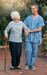 Image showing Nurse, senior woman and walking in park for healthcare and wellness. Physiotherapy, rehabilitation and retired elderly female with disability and cane talking to medical worker outdoors in garden.