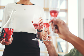 Image showing Party, champagne and glass with hands of business people for celebration, festive and toast. Holiday, alcohol and cheers with employee and drink in office for Christmas, event and wine together