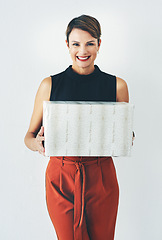 Image showing Christmas, birthday and business woman with a gift from work during celebration of holiday. Box, happy and portrait of a manager with a present from a corporate party for a professional achievement