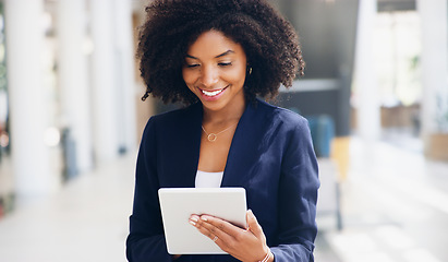 Image showing Digital tablet, office and business woman reading information documents online on the internet. Happy, smile and young professional manager working on a mobile device for management project or report