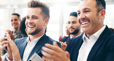 Image showing Group, business people and applause at conference, happy or listen for marketing strategy, seminar and meeting. Team, clapping or smile for teamwork, collaboration for company or training for project