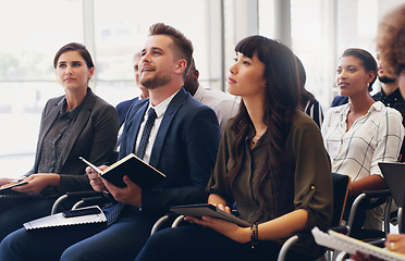 Image showing Business people, trade show and business meeting conference for company employee training, corporate education and workshop presentation. Professional management seminar, coaching staff and diversity