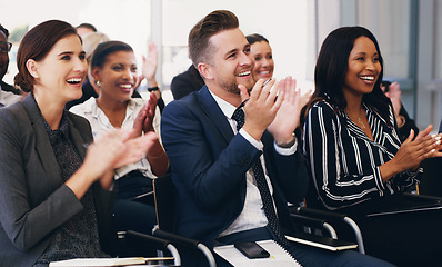 Image showing Business people, applause and conference audience, crowd and tradeshow workshop, training and motivation for presentation. Happy corporate team, clapping hands and success, goals and support meeting