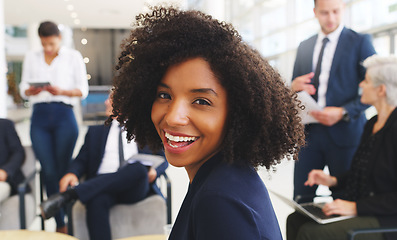 Image showing Black woman, portrait and happy in business meeting, collaboration or ideas in office. Company goals or mission planning strategy of corporate worker with teamwork or employee workflow management