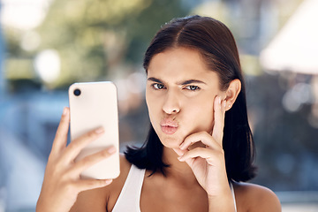 Image showing Woman, phone selfie and funny face, portrait and picture for online, social media or internet post in the morning in home. Gen z girl, picture and facial expression with 5g mobile smartphone in house