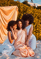 Image showing Fashion, friends and beauty outdoor, portrait and natural hair, afro and elegant clothes, beach and summer holiday. Black women, model and happiness with happy smile, silk clothing and cool dress