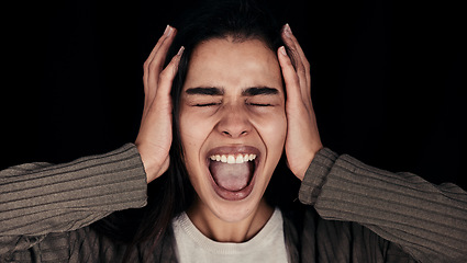 Image showing Frustrated, scream and stress, black woman with face and anxiety, mental health problem against black studio background. Emotion, screaming and depression, lose control and pain expression.