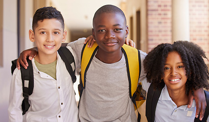 Image showing Students, diversity and education portrait, learning and happy smile after class, support or teen children. Friends, school campus and scholarship community, academy or excited for knowledge together