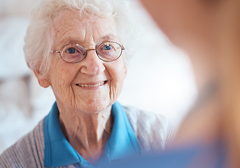 Image showing Senior woman, optician and vision glasses in eye care exam, glaucoma wellness check or medical insurance routine. Smile, happy or retirement elderly with optometrist for healthcare prescription frame