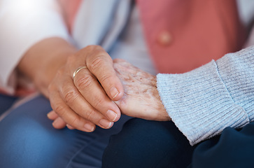 Image showing Elderly woman, holding hands and close up of support, care and trust relationship bonding together. Love, friends relax and gratitude for senior friendship, kindness and solidarity in nursing home