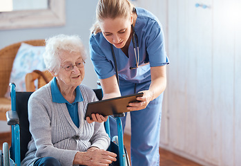 Image showing Nursing home, woman or doctor with tablet checking medical results, chart online or social media. Healthcare, tech and nurse caregiver help consulting with elderly patient in living room or bedroom