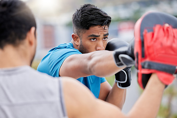 Image showing Boxing, fitness and athlete with personal trainer, men together, fight training for exercise and boxer gloves. Combat sport, defense and skill development with workout outdoor, health and cardio.