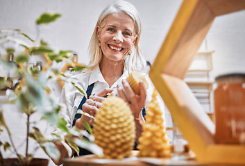 Image showing Sustainability, small business and elderly woman portrait in honey store happy, smile and proud of eco friendly product. Local, market and senior business woman in local shop success, service and job