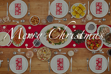 Image showing Christmas, table and overlay with food, turkey or poultry for festive holiday meal in family home. Top view, fine dining or celebration party with healthy chicken at feast, dinner or lunch in house