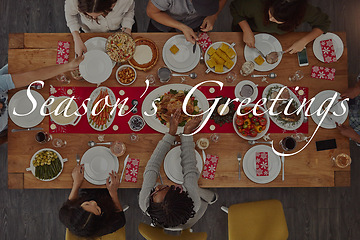 Image showing Banner invitation to Christmas dinner, advertising and marketing with text overlay and party from above. Food, friends and family celebrating holiday event together at table with seasons greetings.
