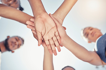 Image showing Hands, stack and team have agreement, partnership and connect together outdoor. Hand, goal and loyalty for respect, trust and reliable teamwork for support, solidarity and group for collaboration.