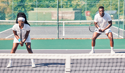 Image showing Tennis, teamwork and portrait of black couple on court for match, game or competition. Exercise, fitness and doubles partners, tennis players and man and woman training for sports practice outdoors.