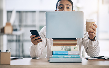 Image showing Laptop, coffee and phone with a business man feeling overworked or overwhelmed by a pile of work. Computer, multitask and busy with a male employee working on a project, report or research deadline