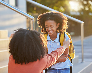Image showing School, education and mom with girl in the morning for back to school, learning and child development. Black family, love and mother saying goodbye to child ready for primary school, lesson and class