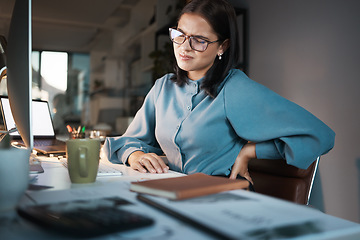 Image showing Corporate, computer or business woman with back pain in office while working on laptop, research or planning. Worker, employee or manager suffering with accident at desk with anatomy or spine problem