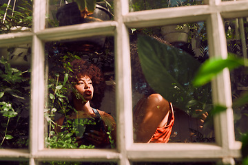 Image showing Black women, happy and talking with plants, garden and vegetation in greenhouse. African American females, ladies and gardener planning, conversation for agriculture or discussion for greenery