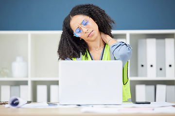 Image showing Stress, neck pain and black woman architect and engineer employee with office computer. Working, burnout and laptop work of engineering worker with technology frustrated about architecture company