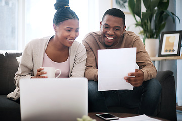 Image showing Couple, budget paper and laptop for bills payment, online banking and planning tax, financial and investment. Black man, woman and happy with savings, document and finance debt, profit and happy