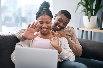 Image showing Wave, black couple and video call on laptop, smile and happy to connect, at home and on sofa. Pc, young man and woman chatting online, conversation and talking for happiness, joy and in living room.