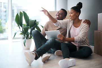 Image showing Black couple, tablet and new home or property real estate with boxes, planning home interior and online web search. Homeowners, african man and woman happy in new house or apartment online shopping