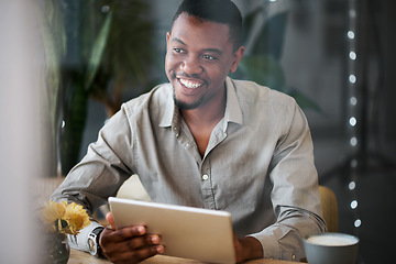 Image showing Black man, tablet and happy at coffee shop for social media marketing, communication app or web. Man, cafe and mobile technology for social network, planning schedule or internet research at table