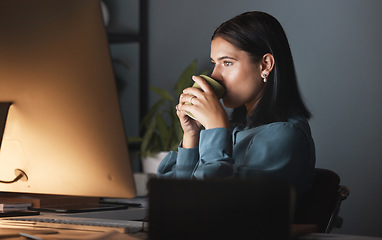 Image showing Night, computer and coffee business woman at desk planning, thinking and productivity for global networking company. Copywriting, inspiration and monitor with creative manager strategy on desktop pc